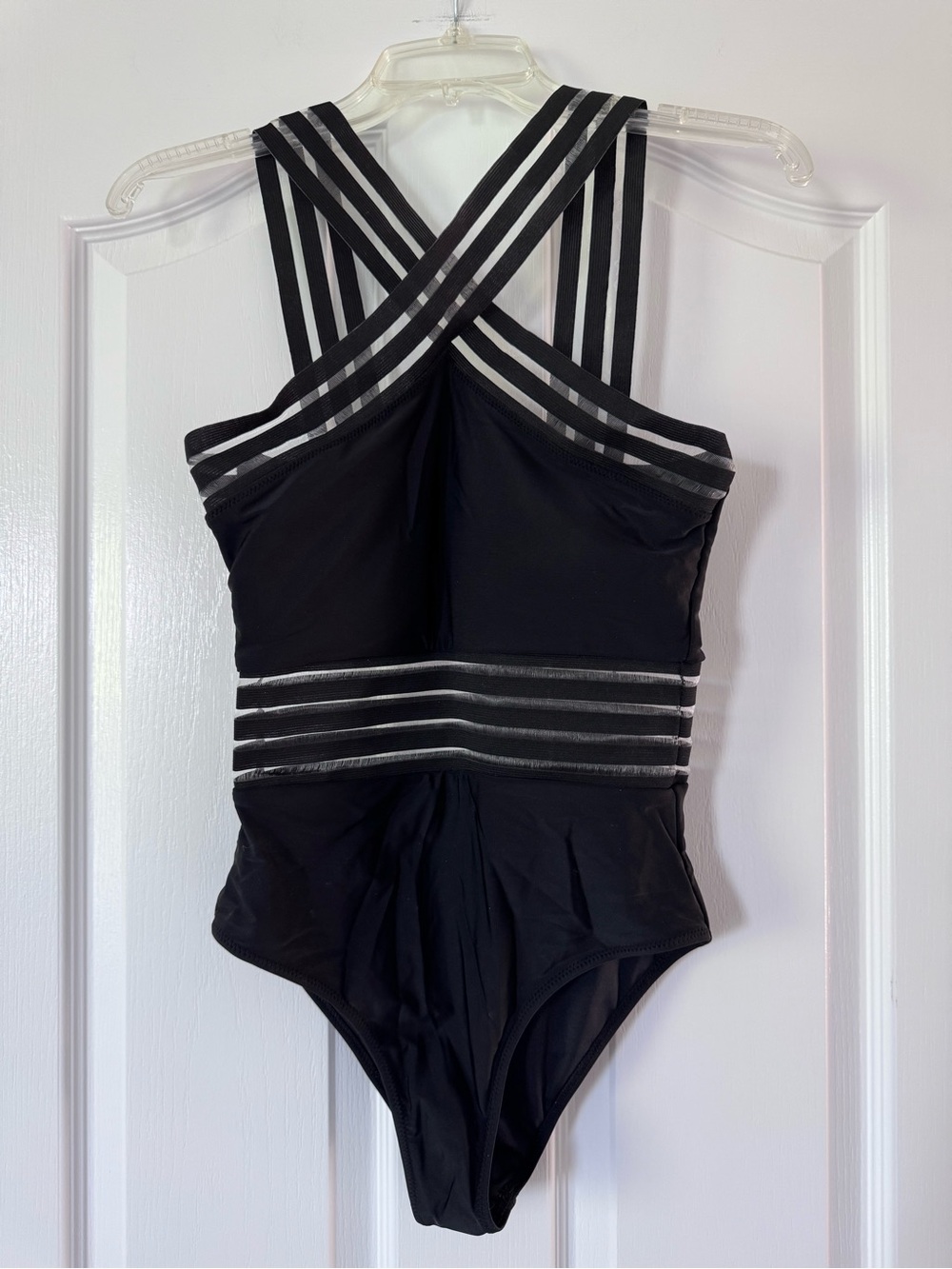 Black One Piece Swimsuit Strappy Back Mesh Cutout Waist Kenneth Cole Style Small - Picture 2 of 10